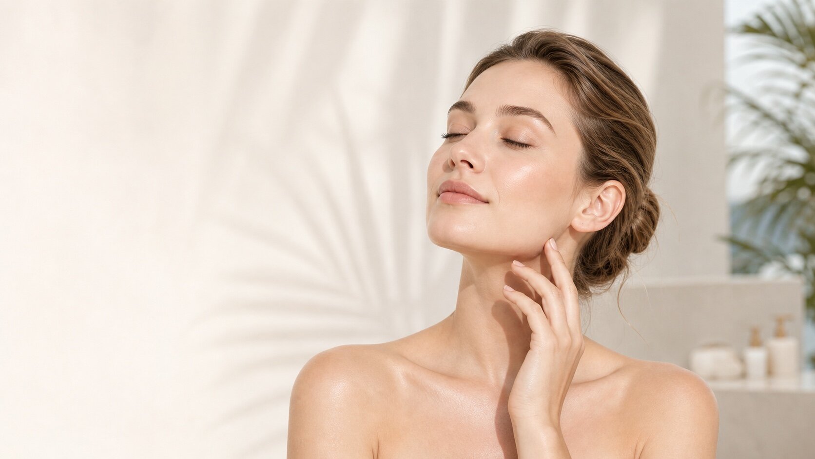 Спокойная ухоженная кожа лица в мягком свете сквозь пальмовые листья